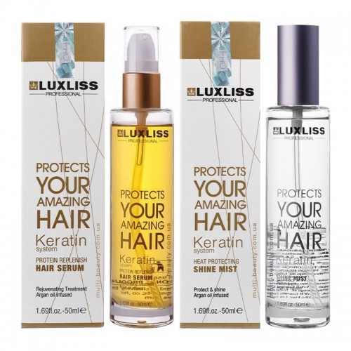 Luxliss кератиновая сыворотка-масло Protein Replenish Hair Serum и спрей-блеск термозащита Heat Protecting Shine Mist набор 2x50 мл