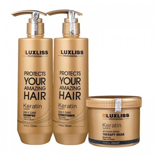 Набор Luxliss Keratin Smoothing Daily Care кератиновый шампунь, кондиционер и маска для ежедневного ухода за волосами 500/500/400 мл